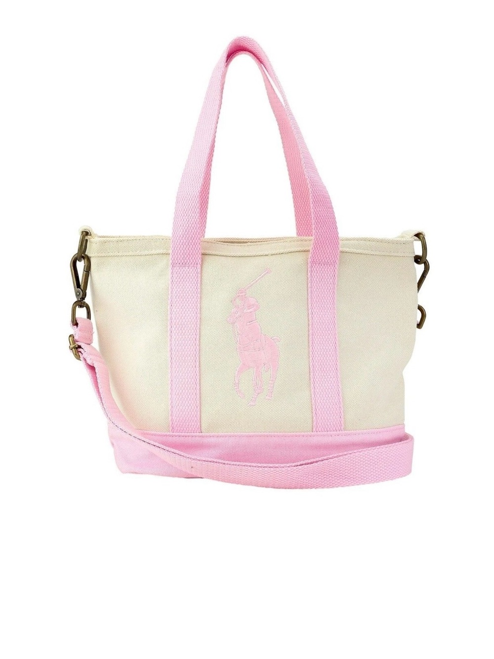 Polo by Ralph Lauren Pink and Cream Canvas Tote with Removable Strap Small